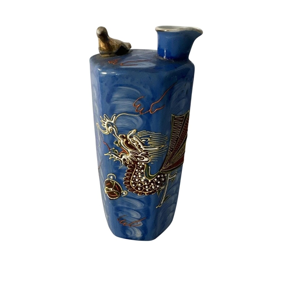 Gem China Japan Hand Painted Moriage Dragon Porcelain Vase Blue Gold Bird